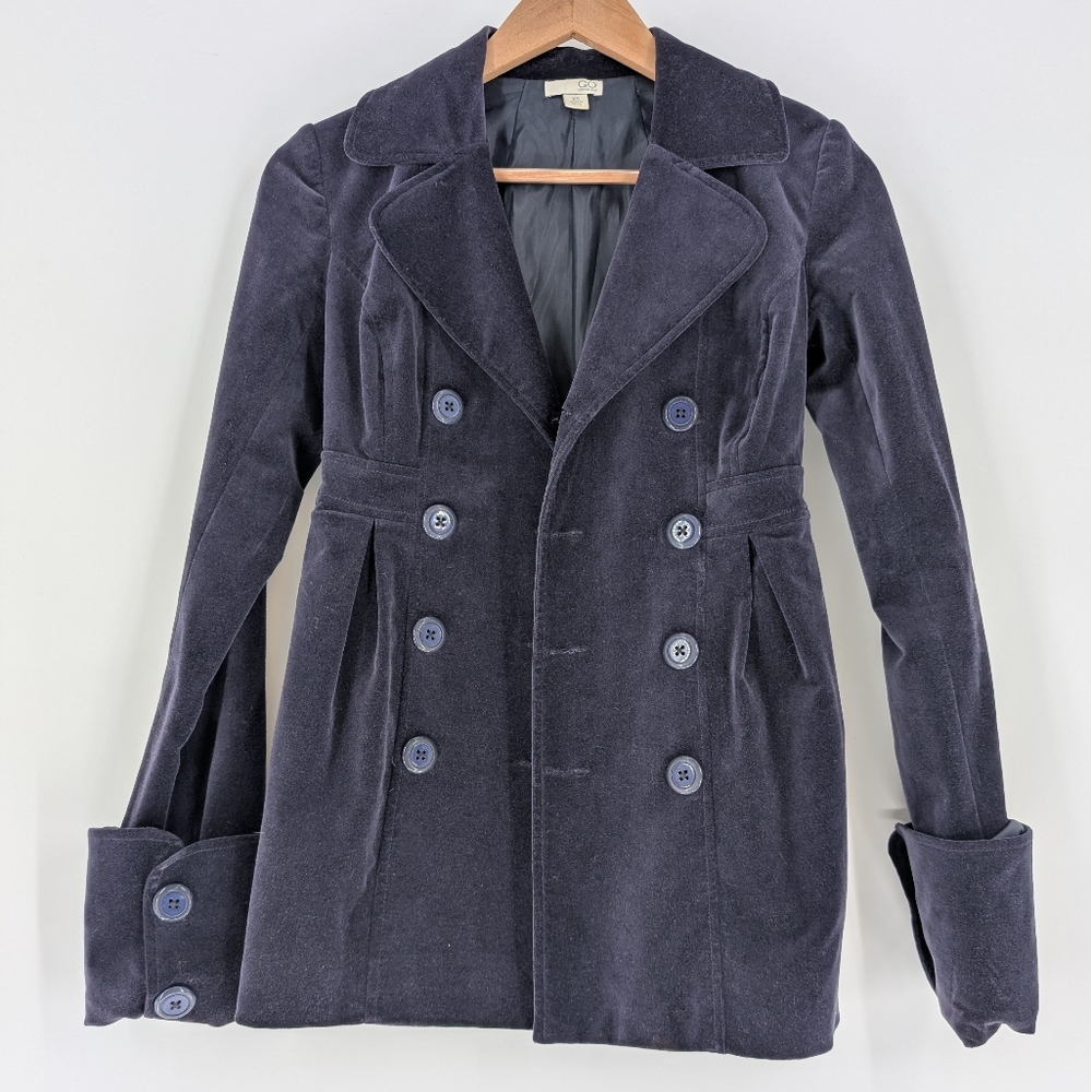 GO International Navy Blue Velvet Peacoat Jacket Double Breasted XS Pleated Back